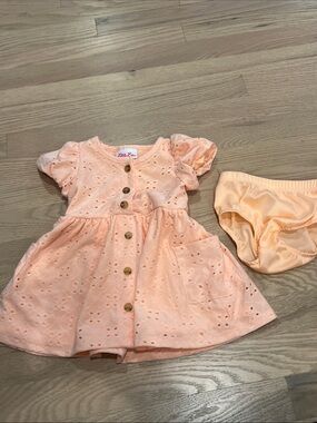 Little Lass Peach Eyelet Button-Front Dress with Matching Bloomer